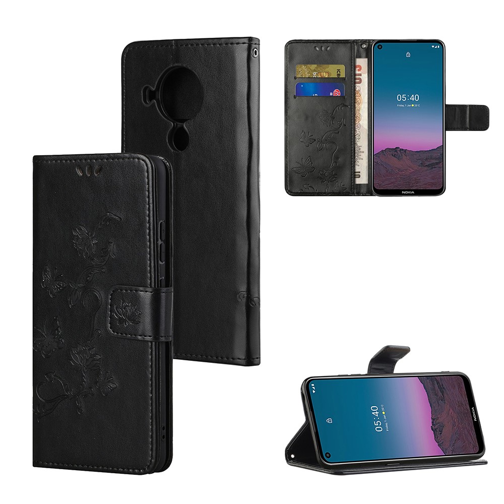 Imprint Butterfly Flower Leather Wallet Stand Phone Cover for Nokia 5.4 - Black-1