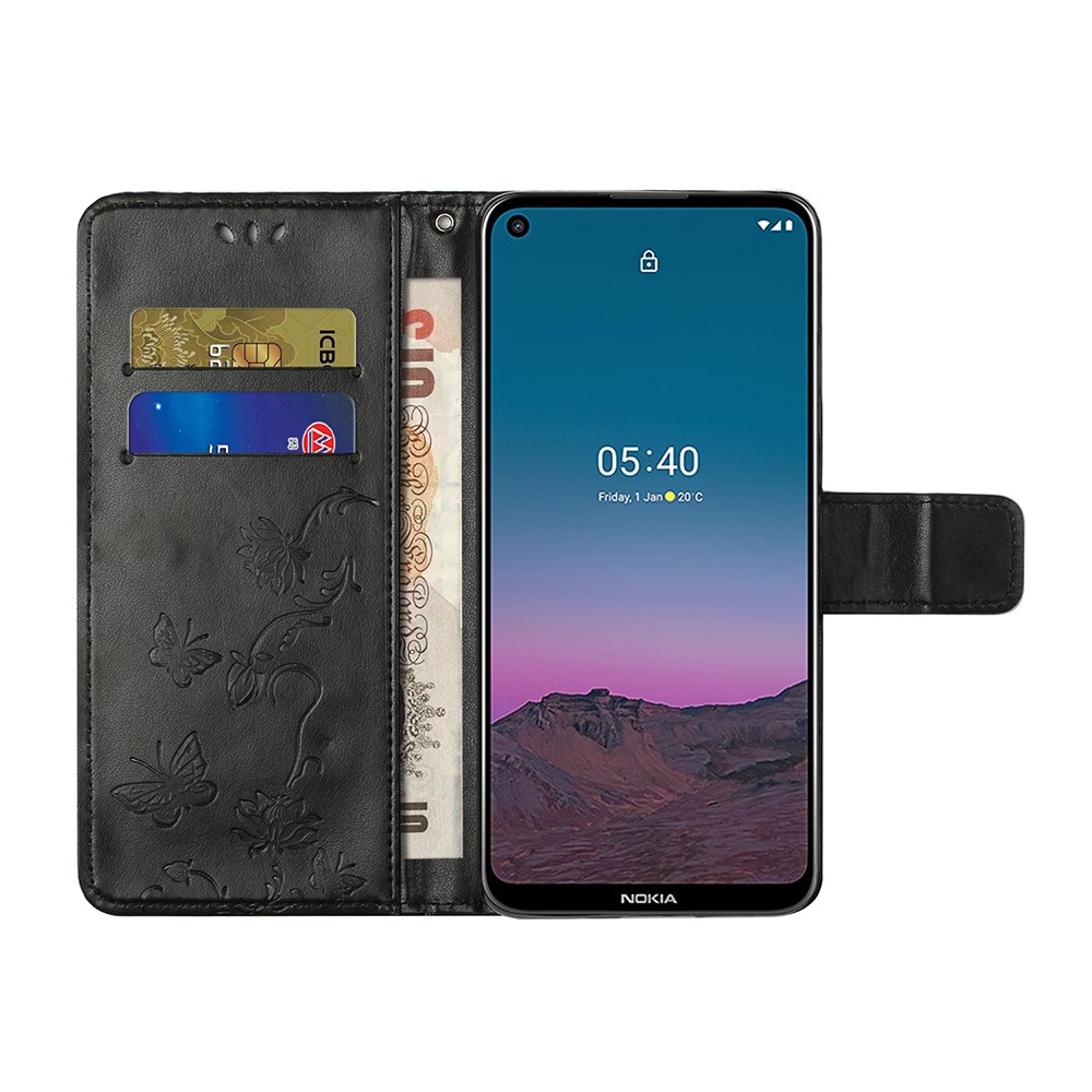 Imprint Butterfly Flower Leather Wallet Stand Phone Cover for Nokia 5.4 - Black-4