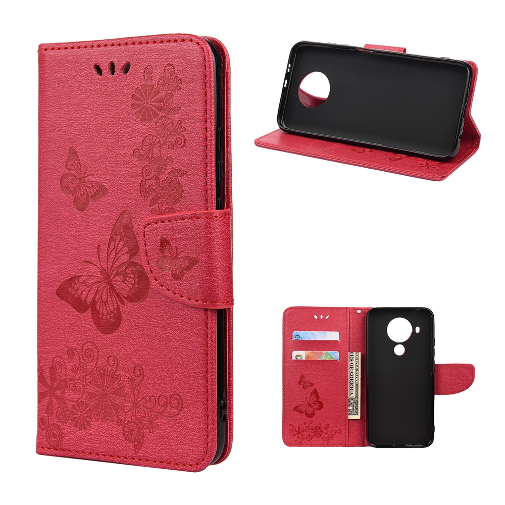 Imprinted Butterflies Flower Leather Wallet Stand Case for Nokia 5.4 - Red-1