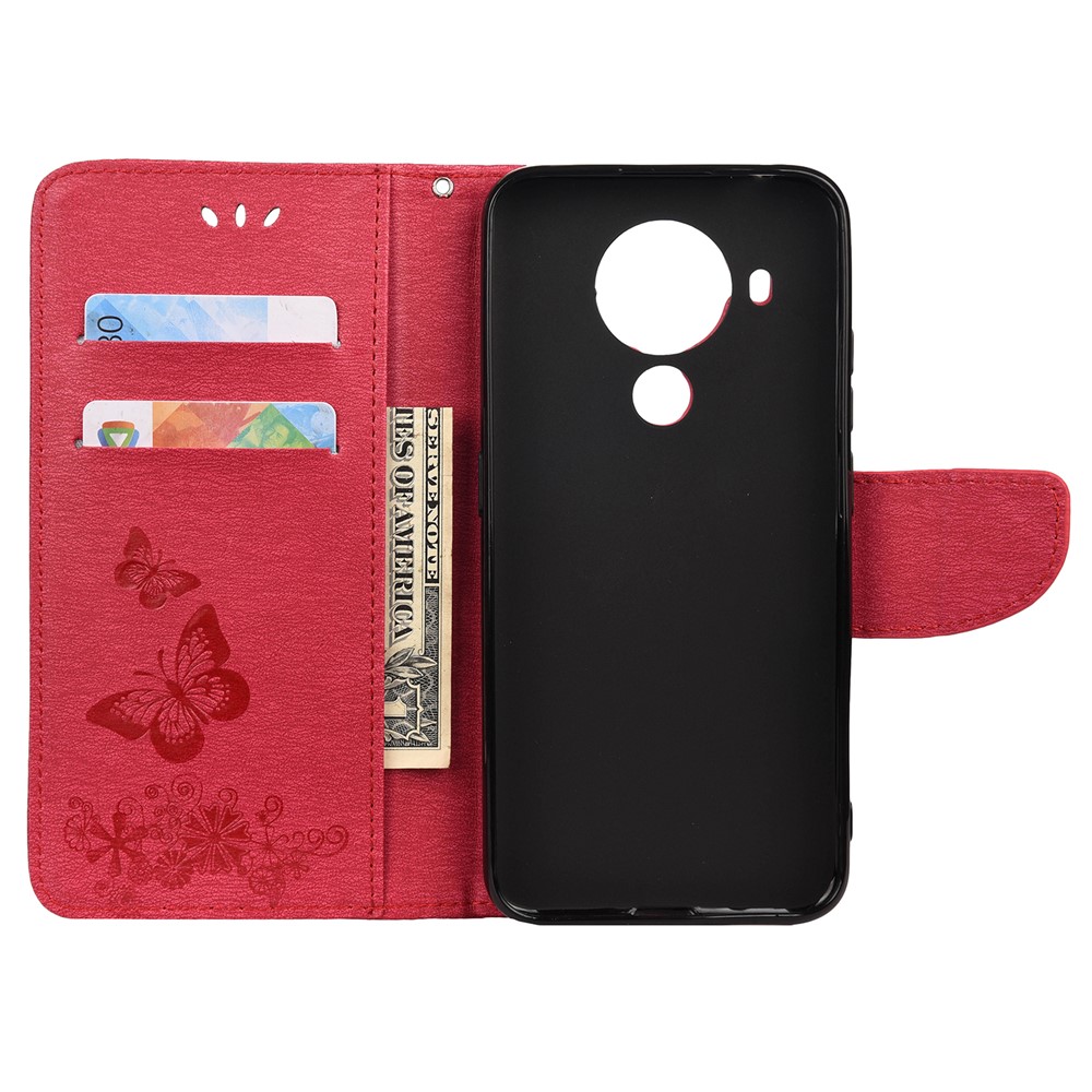 Imprinted Butterflies Flower Leather Wallet Stand Case for Nokia 5.4 - Red-4