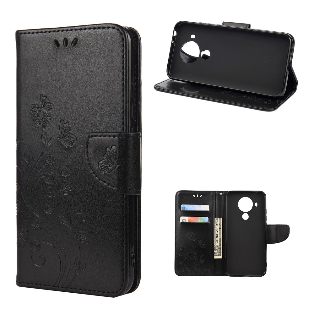 Imprinted Butterflies Flower Leather Wallet Stand Case for Nokia 5.4 - Black-1