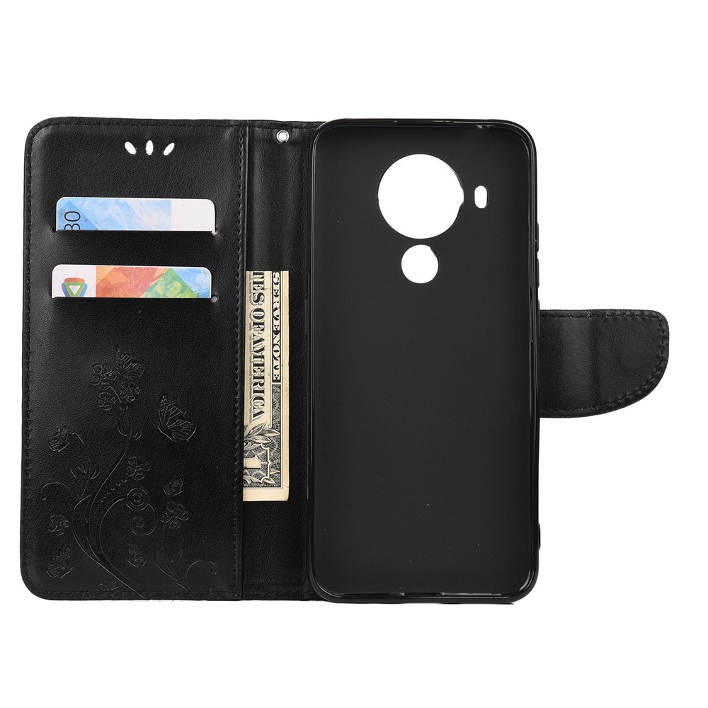 Imprinted Butterflies Flower Leather Wallet Stand Case for Nokia 5.4 - Black-4