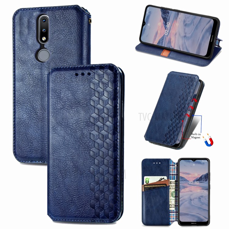 Fashionable Auto-absorbed Rhombus Texture PU Leather Wallet Phone Cover for Nokia 2.4 - Blue-1