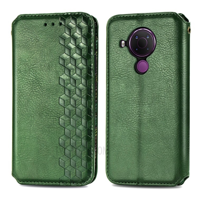 Fashionable Auto-absorbed Rhombus Texture PU Leather Wallet Phone Cover for Nokia 5.4 - Green-2