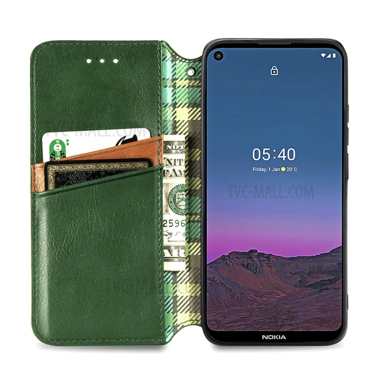 Fashionable Auto-absorbed Rhombus Texture PU Leather Wallet Phone Cover for Nokia 5.4 - Green-3