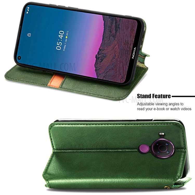Fashionable Auto-absorbed Rhombus Texture PU Leather Wallet Phone Cover for Nokia 5.4 - Green-4