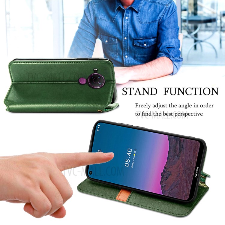 Fashionable Auto-absorbed Rhombus Texture PU Leather Wallet Phone Cover for Nokia 5.4 - Green-5