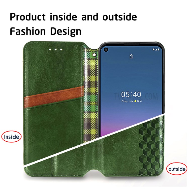 Fashionable Auto-absorbed Rhombus Texture PU Leather Wallet Phone Cover for Nokia 5.4 - Green-8
