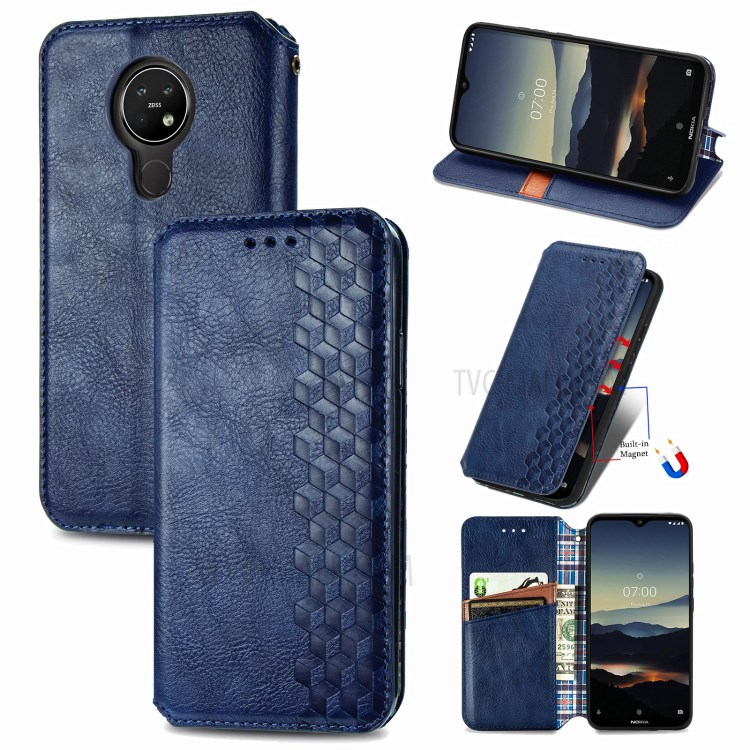 Fashionable Auto-absorbed Rhombus Texture PU Leather Wallet Phone Cover for Nokia 3.4 - Blue-1