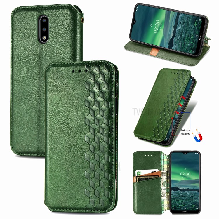 Fashionable Auto-absorbed Rhombus Texture PU Leather Wallet Phone Cover for Nokia 2.3 - Green-1