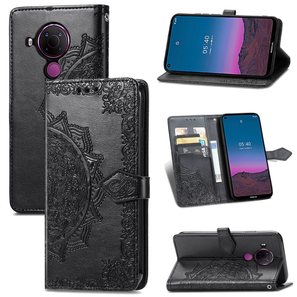 Embossed Mandala Flower PU Leather Case Wallet for Nokia 5.4 - Black-1