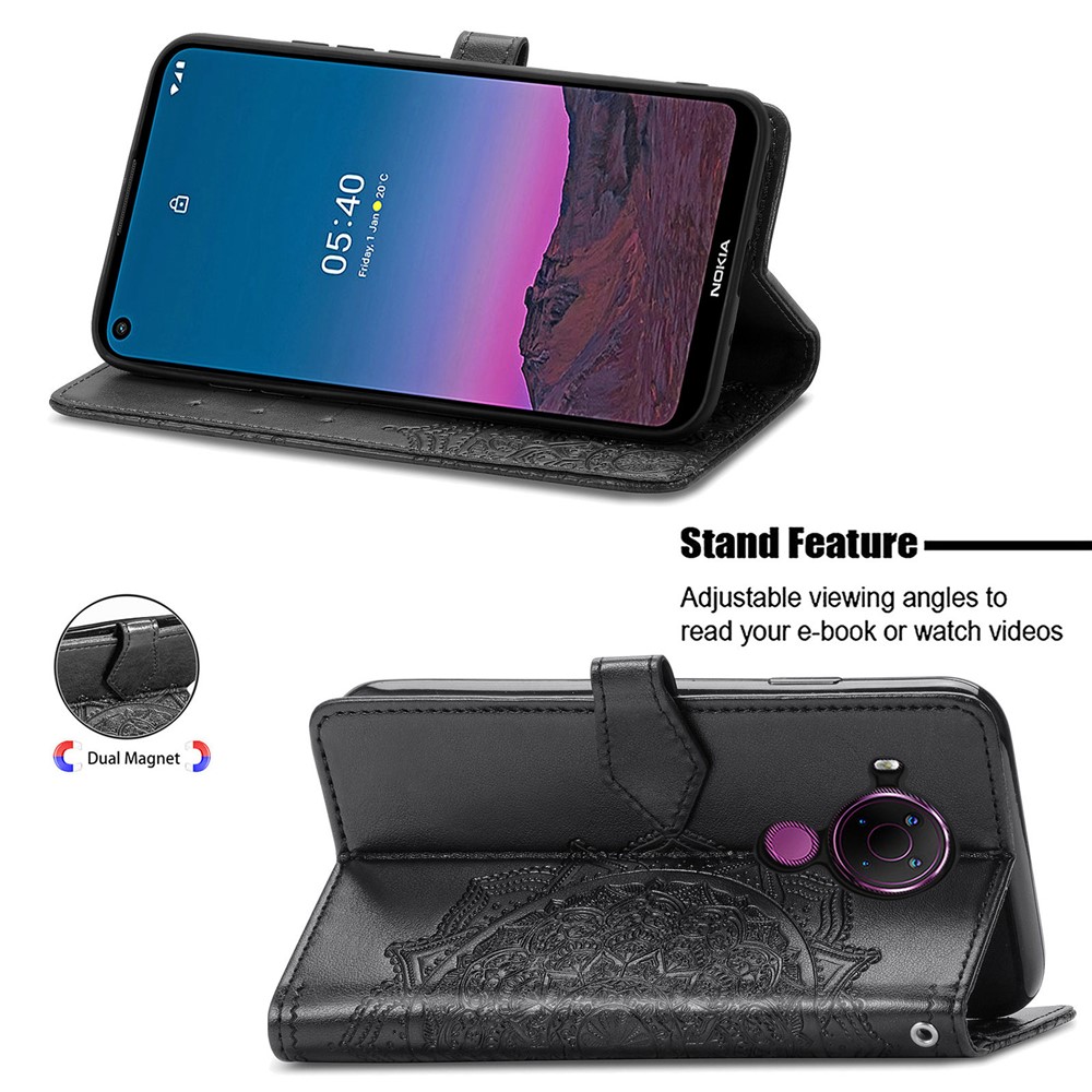 Embossed Mandala Flower PU Leather Case Wallet for Nokia 5.4 - Black-6