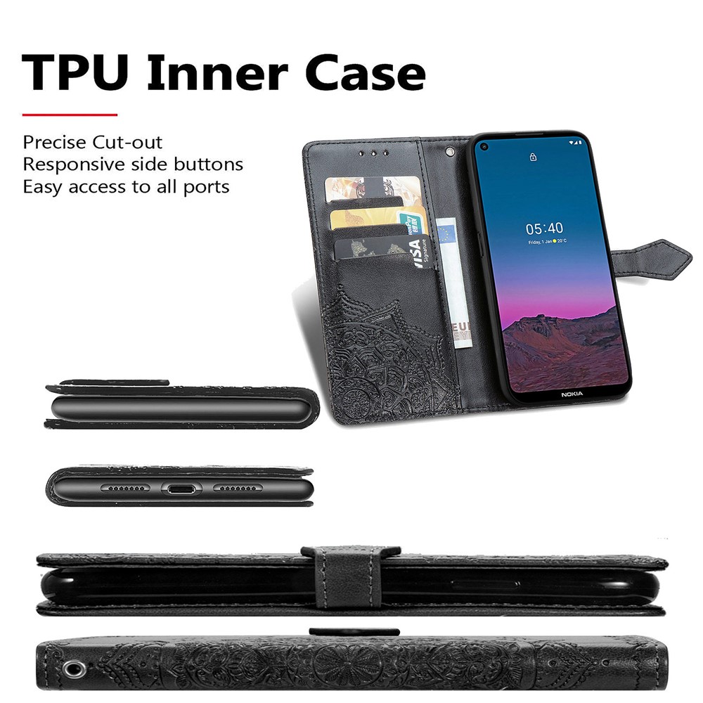 Embossed Mandala Flower PU Leather Case Wallet for Nokia 5.4 - Black-9