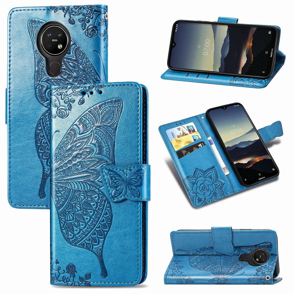 Imprint Big Butterfly Leather Wallet Phone Shell for Nokia 3.4 - Blue-1