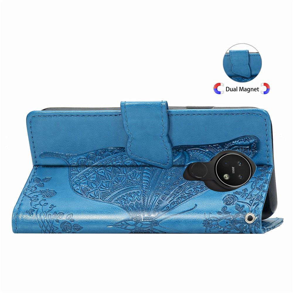 Imprint Big Butterfly Leather Wallet Phone Shell for Nokia 3.4 - Blue-7