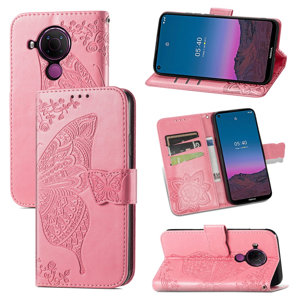 Imprint Big Butterfly Leather Wallet Phone Shell for Nokia 5.4 - Pink-1