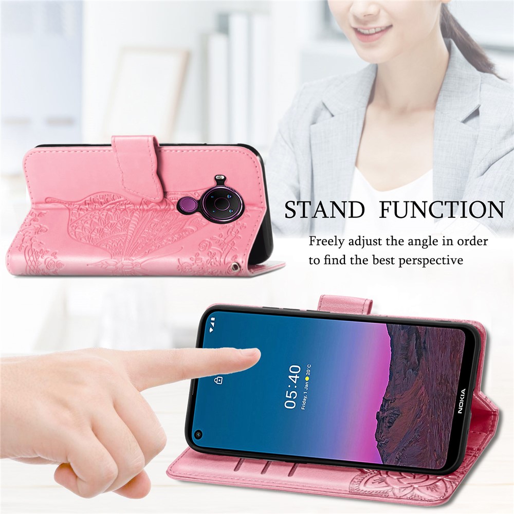 Imprint Big Butterfly Leather Wallet Phone Shell for Nokia 5.4 - Pink-10