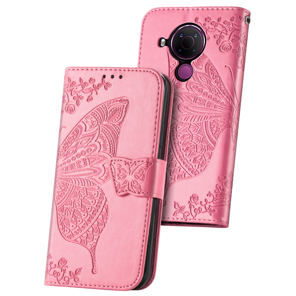 Imprint Big Butterfly Leather Wallet Phone Shell for Nokia 5.4 - Pink-2
