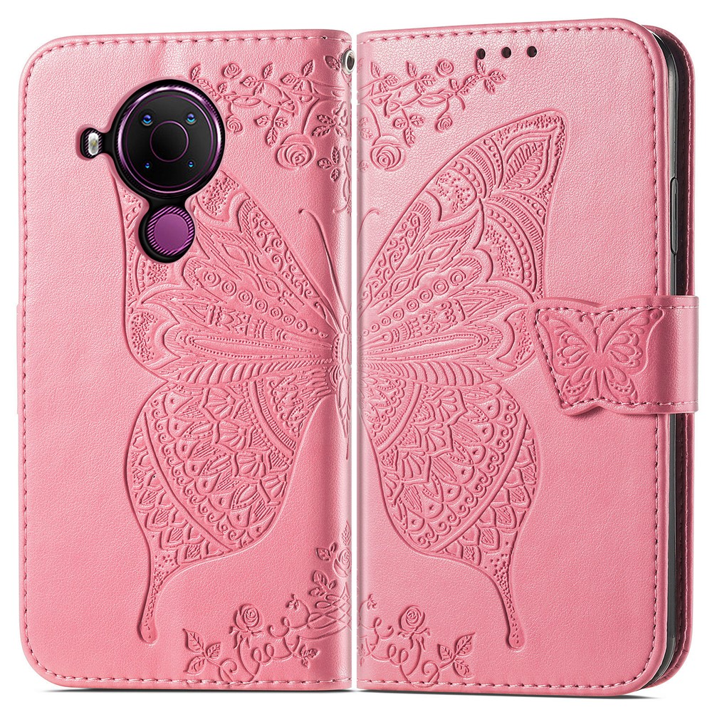 Imprint Big Butterfly Leather Wallet Phone Shell for Nokia 5.4 - Pink-3