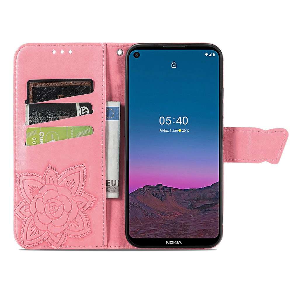 Imprint Big Butterfly Leather Wallet Phone Shell for Nokia 5.4 - Pink-4