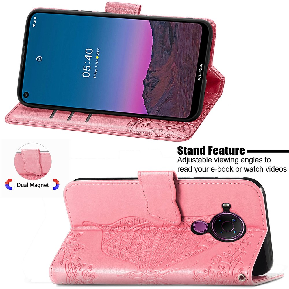 Imprint Big Butterfly Leather Wallet Phone Shell for Nokia 5.4 - Pink-5