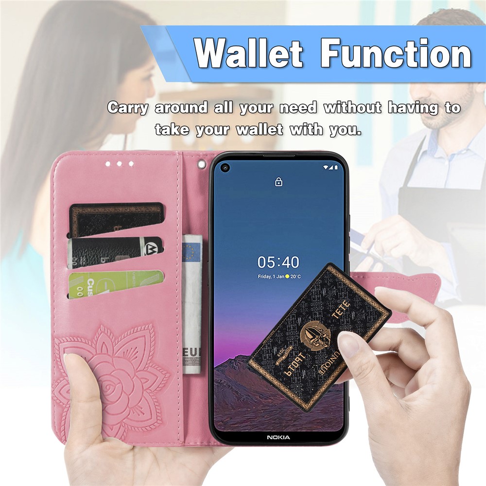 Imprint Big Butterfly Leather Wallet Phone Shell for Nokia 5.4 - Pink-7