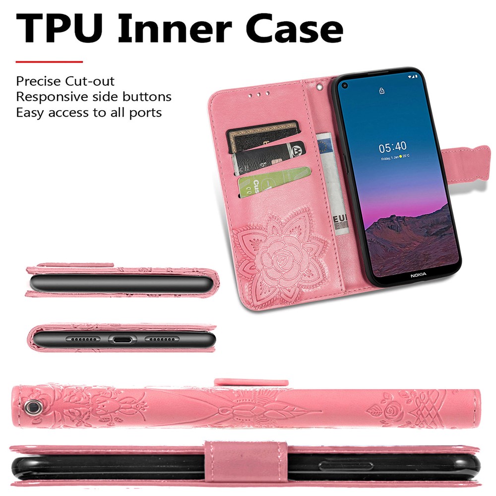Imprint Big Butterfly Leather Wallet Phone Shell for Nokia 5.4 - Pink-8