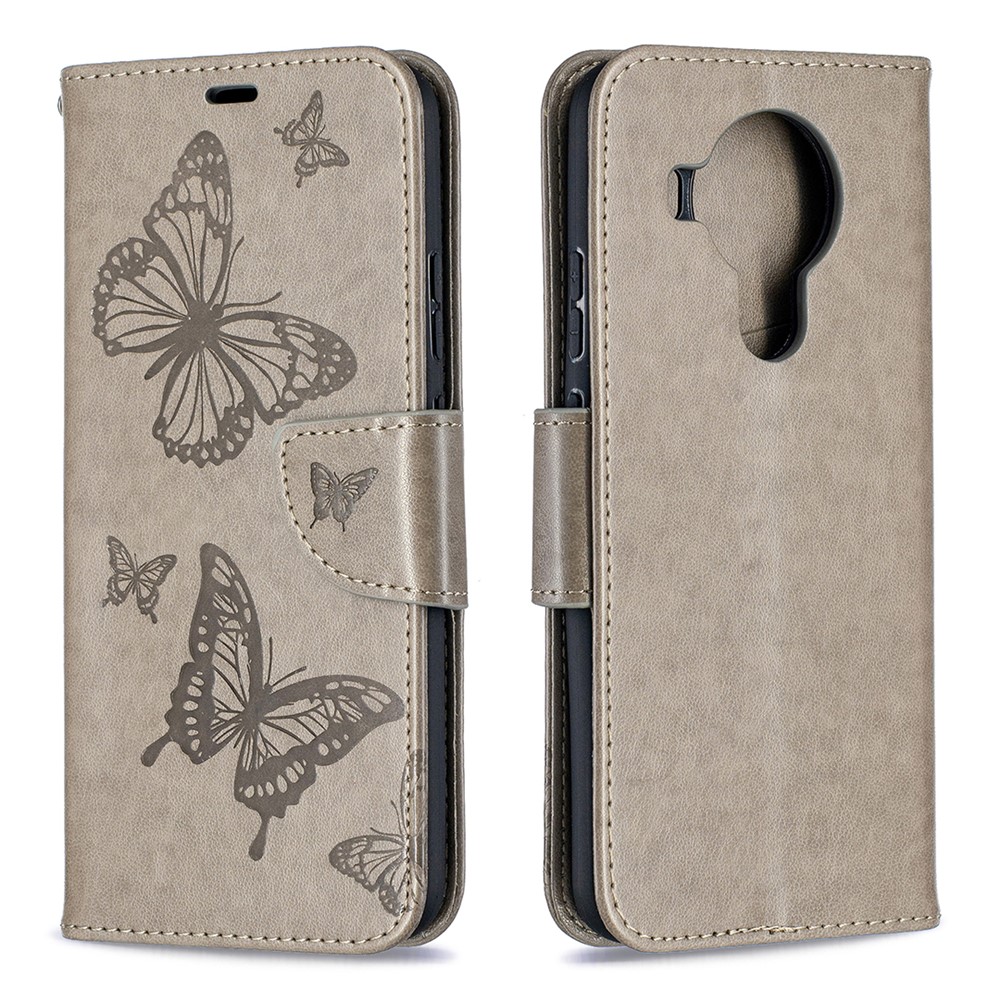 Magnetic Clasp Butterfly Imprinting Leather Wallet Case for Nokia 5.4 - Grey-1