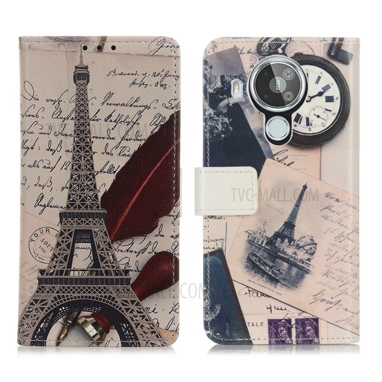 Pattern Printing Design Wallet Stand Phone Protective Cover Case for Nokia 7.3 - Tower and Quill Pen-1
