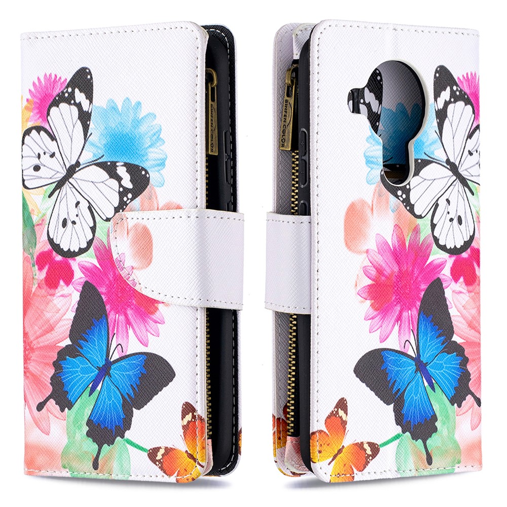 Pattern Printing Zipper Leather Cover Stand Case for Nokia 5.4 - Blue/White Butterfly-1