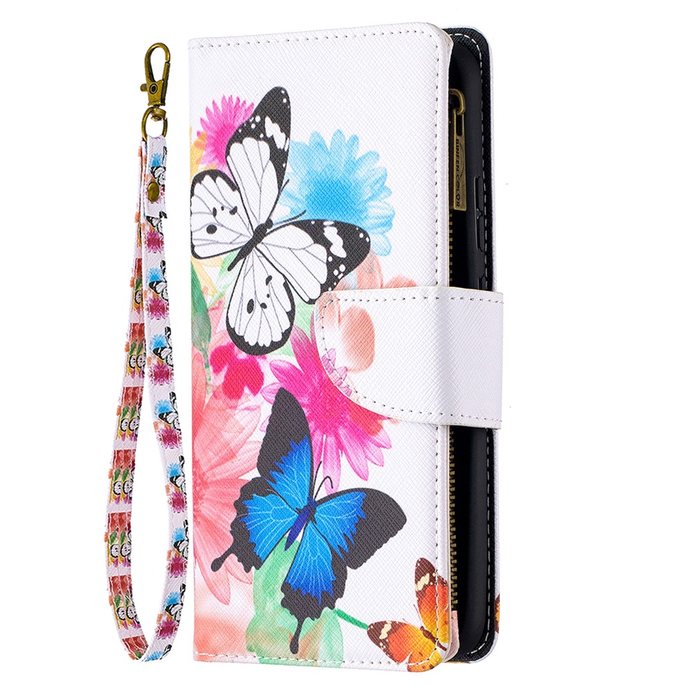 Pattern Printing Zipper Leather Cover Stand Case for Nokia 5.4 - Blue/White Butterfly-2