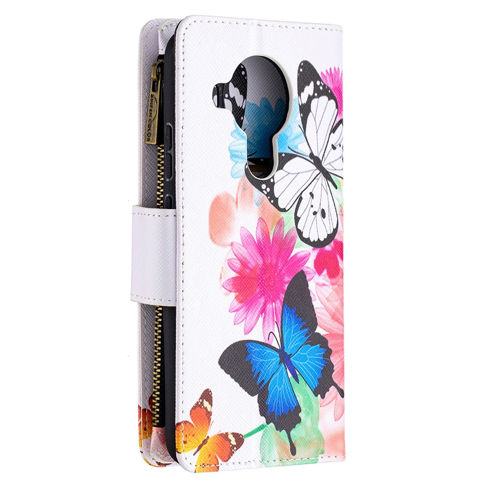 Pattern Printing Zipper Leather Cover Stand Case for Nokia 5.4 - Blue/White Butterfly-3