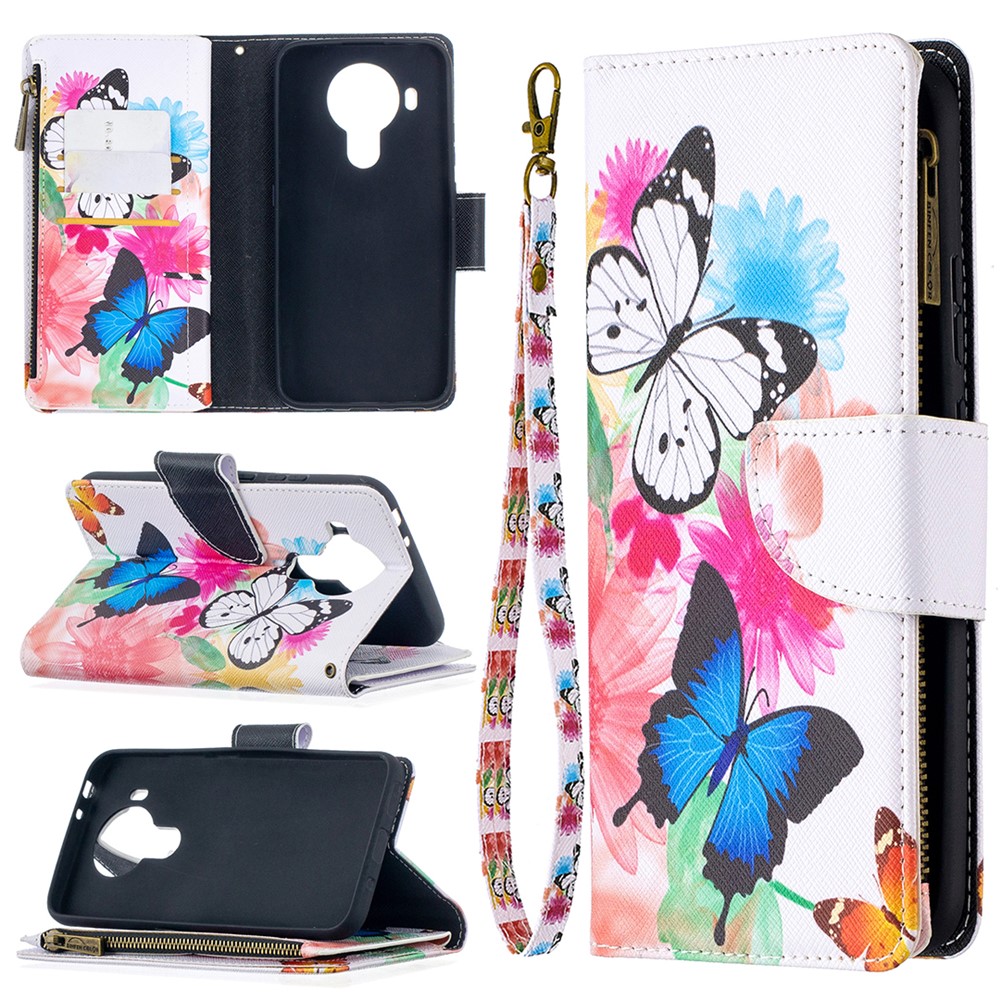 Pattern Printing Zipper Leather Cover Stand Case for Nokia 5.4 - Blue/White Butterfly-4