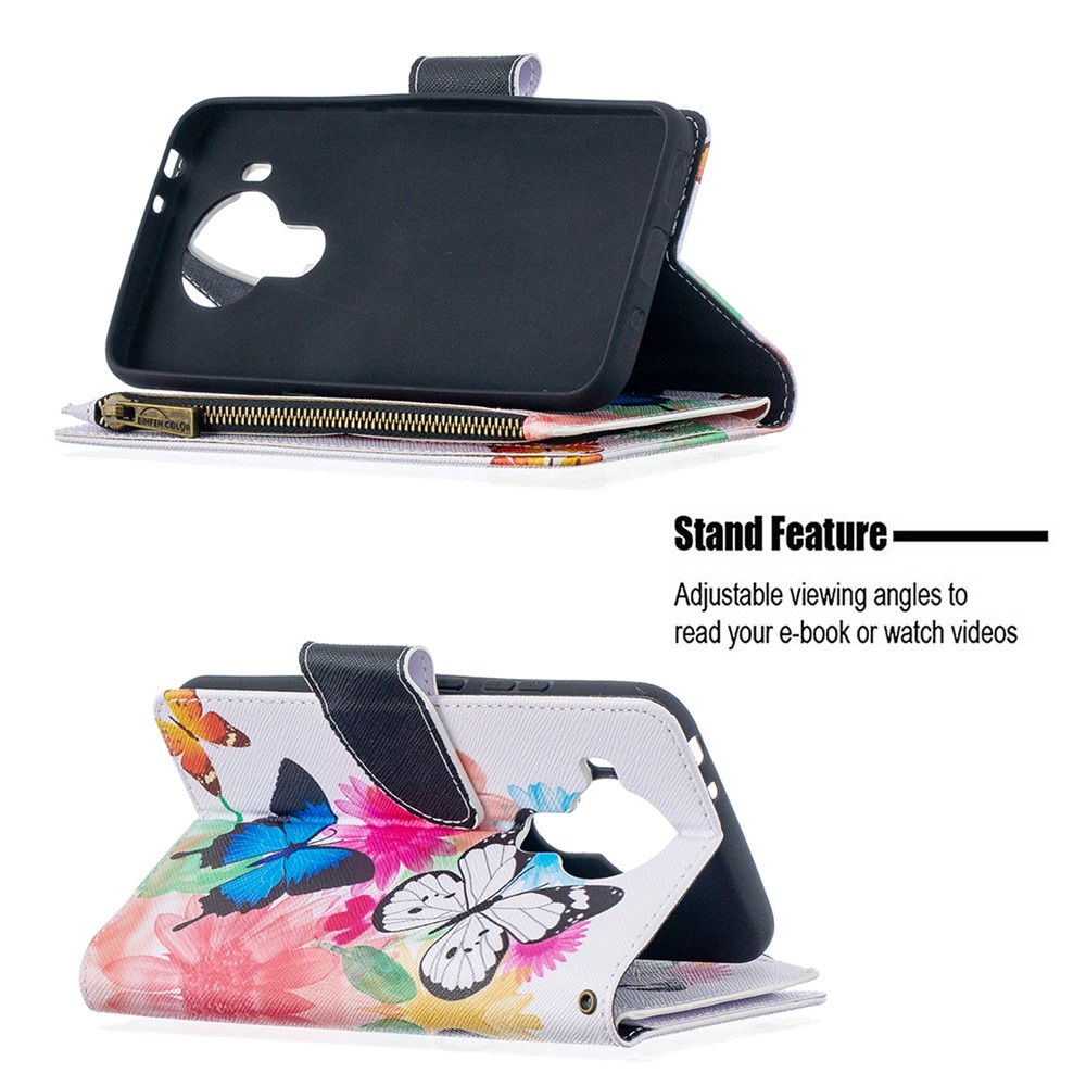 Pattern Printing Zipper Leather Cover Stand Case for Nokia 5.4 - Blue/White Butterfly-5
