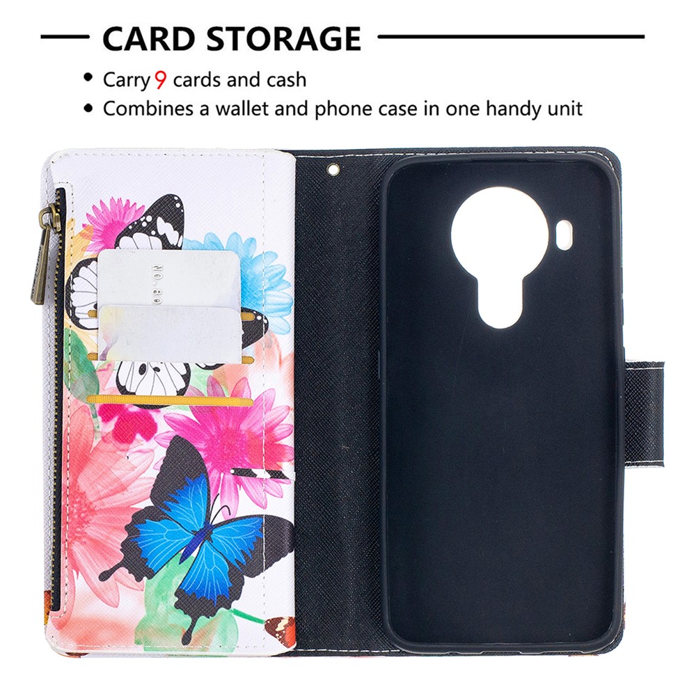 Pattern Printing Zipper Leather Cover Stand Case for Nokia 5.4 - Blue/White Butterfly-6