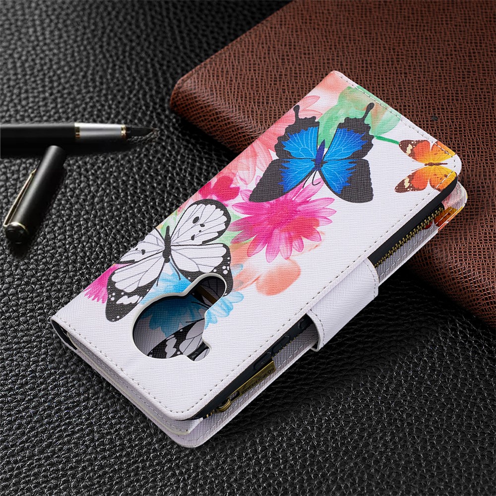 Pattern Printing Zipper Leather Cover Stand Case for Nokia 5.4 - Blue/White Butterfly-8