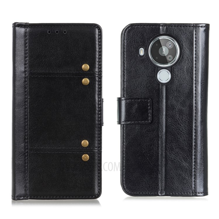 Crazy Horse Rivet Decor Leather Phone Case Stand Wallet for Nokia 7.3 - Black-1