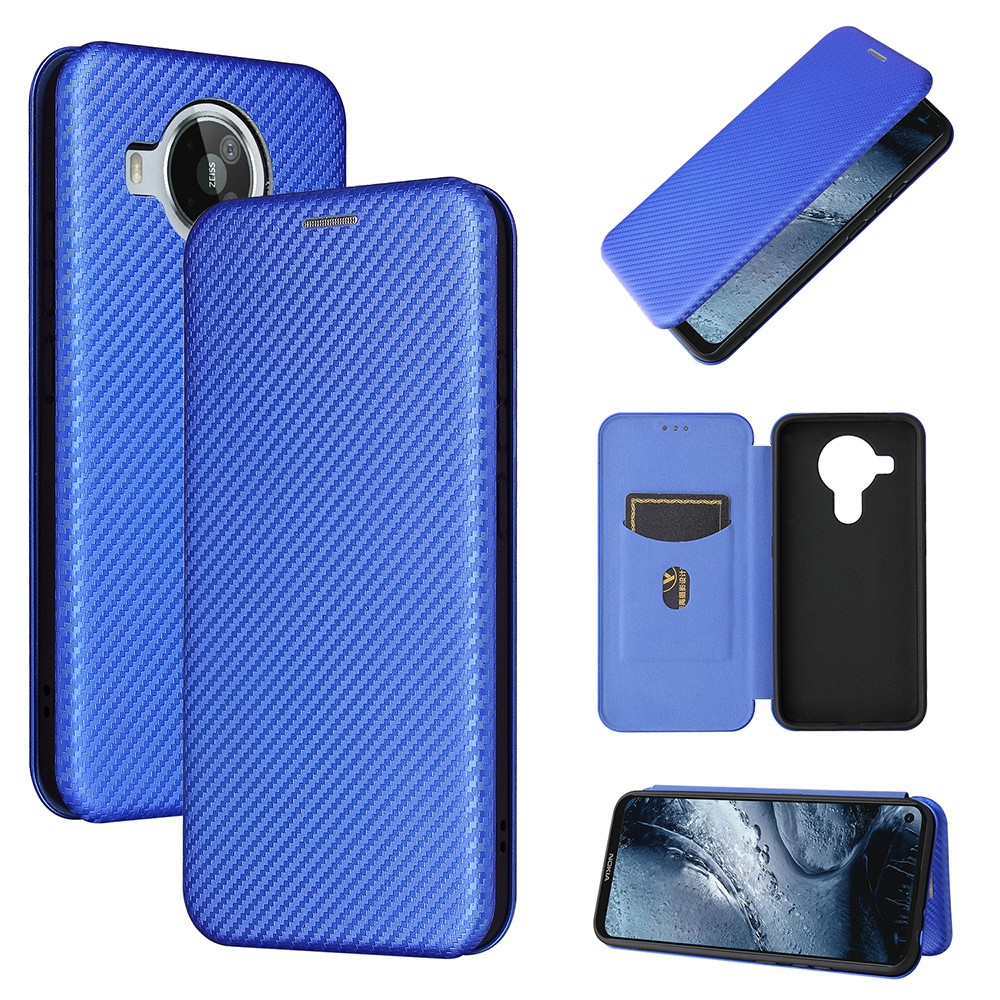 Anti-Scratch Carbon Fiber Texture Leather Auto-absorbed Card Holder Phone Cover Case for Nokia 7.3 - Blue-10