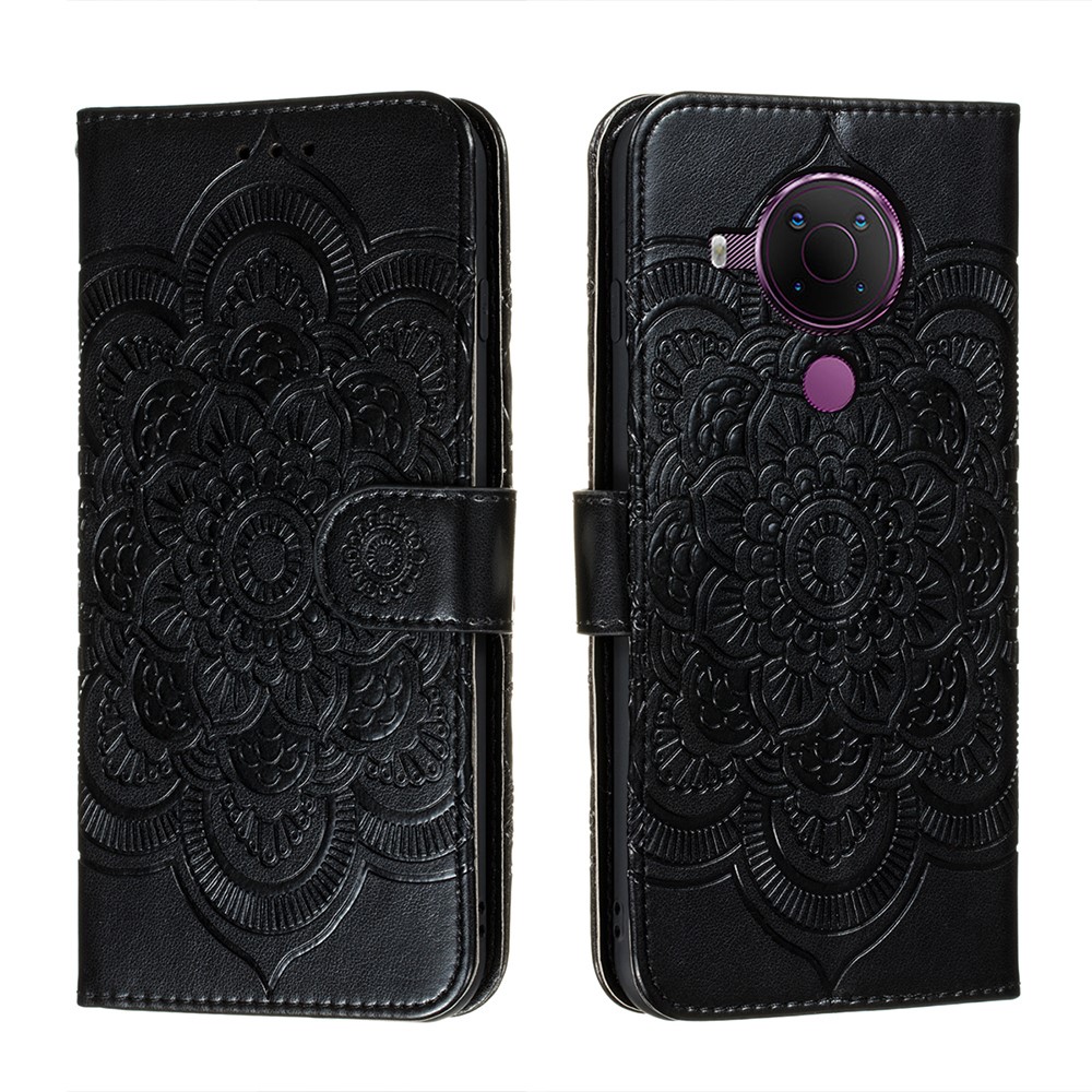 Imprint Mandala Flower Stand Leather Cover Case for Nokia 5.4 - Black-1