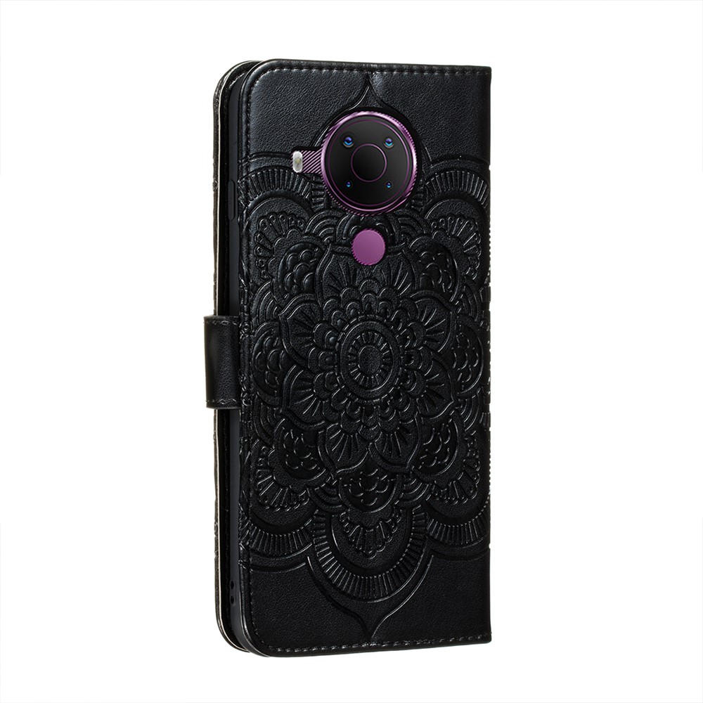 Imprint Mandala Flower Stand Leather Cover Case for Nokia 5.4 - Black-4