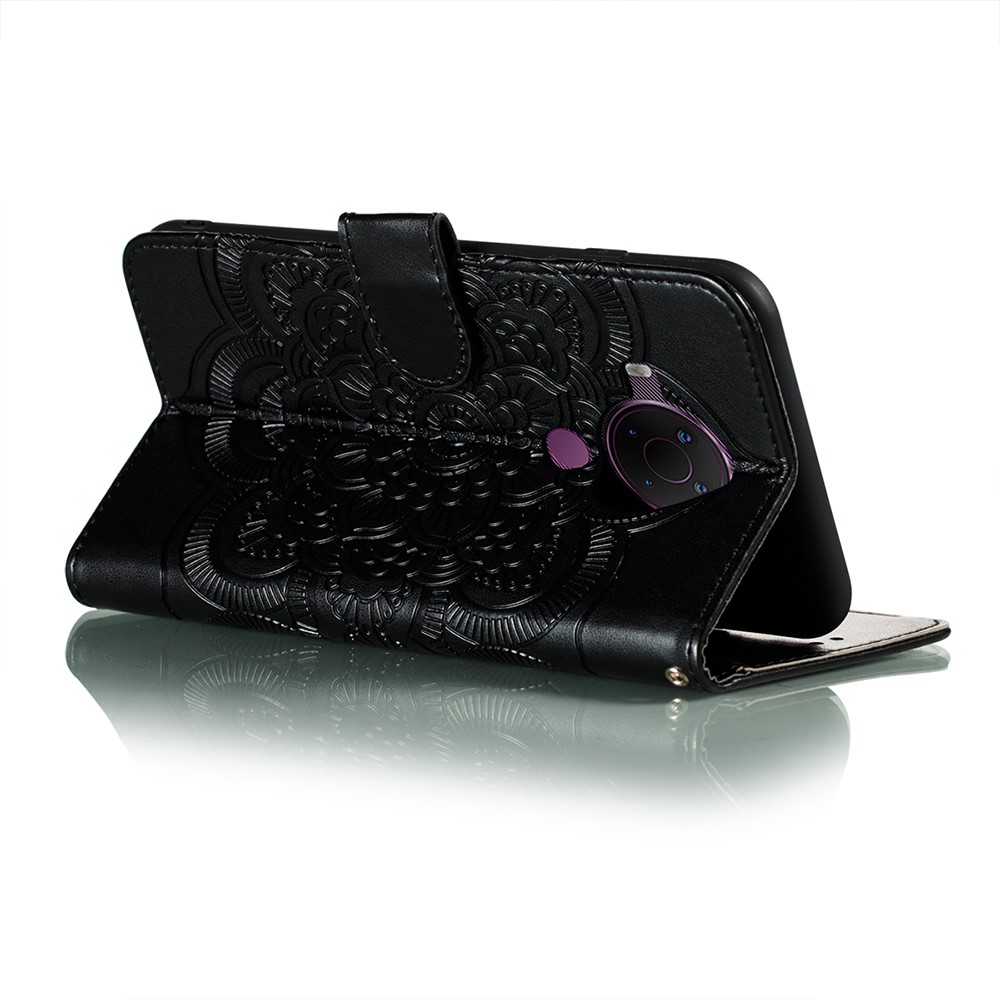 Imprint Mandala Flower Stand Leather Cover Case for Nokia 5.4 - Black-5