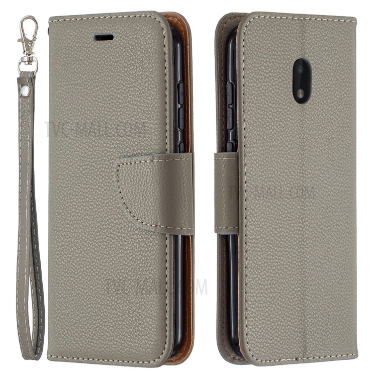 Litchi Grain Leather Cellphone Case with Wallet Stand for Nokia C1 Plus - Grey-1