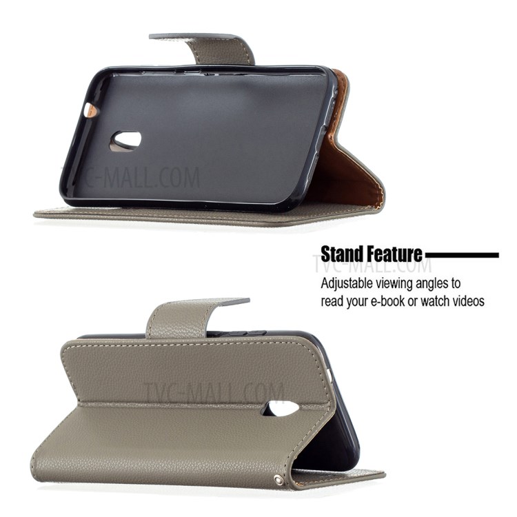 Litchi Grain Leather Cellphone Case with Wallet Stand for Nokia C1 Plus - Grey-3