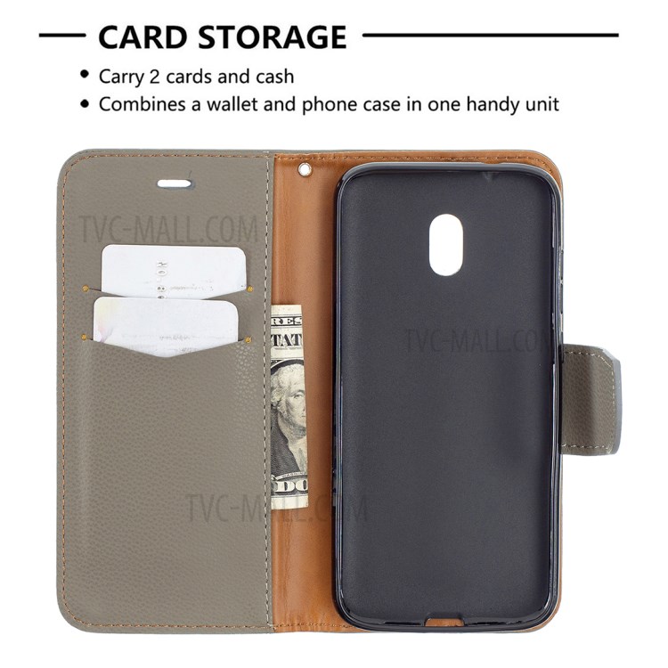 Litchi Grain Leather Cellphone Case with Wallet Stand for Nokia C1 Plus - Grey-4
