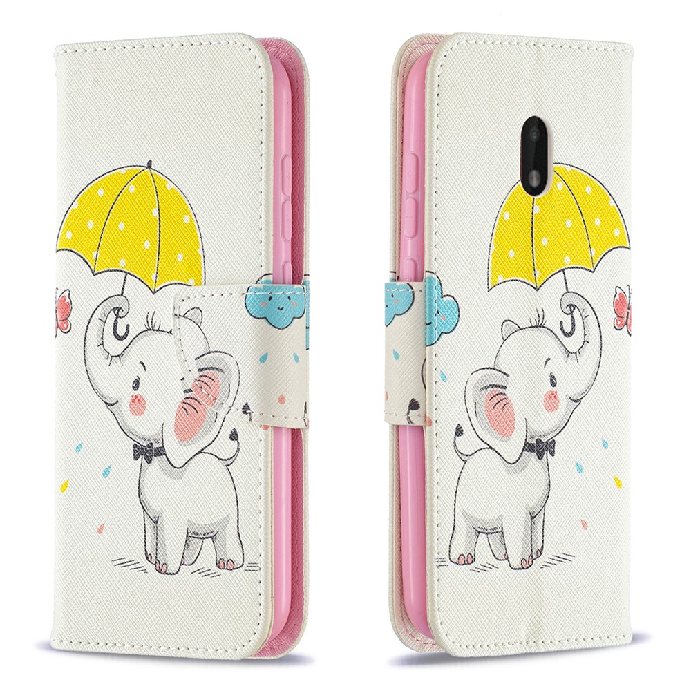 Pattern Printing Wallet Leather Stand Cover for Nokia C1 Plus Case - Elephant and Umbrella-1
