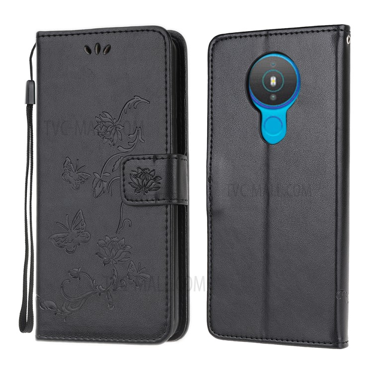 Imprint Butterfly Flower Wallet Stand Design Leather Phone Case Cover for Nokia 1.4 - Black-1