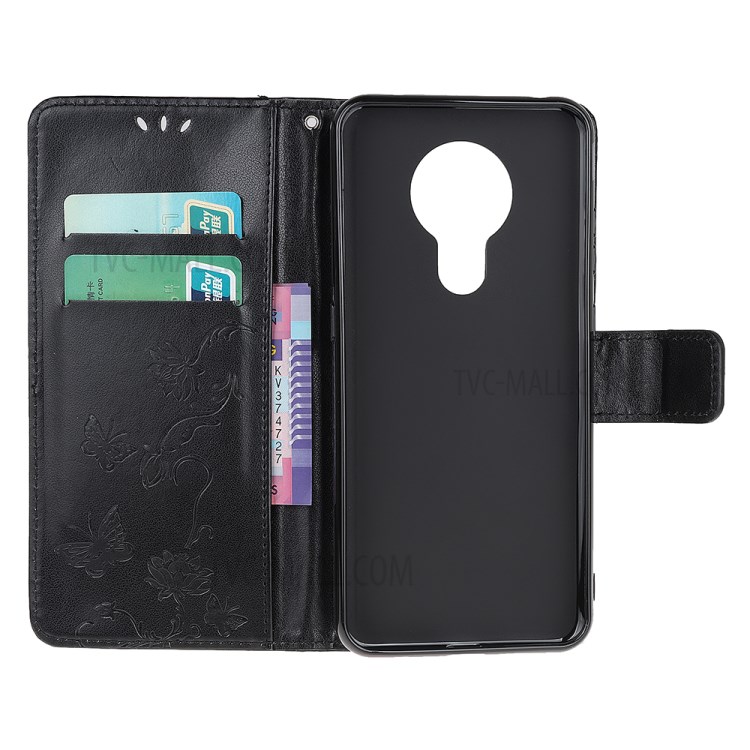 Imprint Butterfly Flower Wallet Stand Design Leather Phone Case Cover for Nokia 1.4 - Black-5