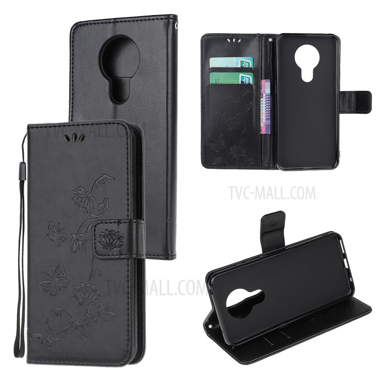 Imprint Butterfly Flower Wallet Stand Design Leather Phone Case Cover for Nokia 1.4 - Black-6