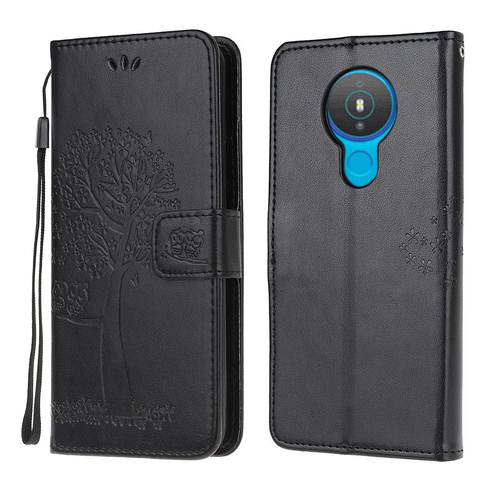 Imprint Tree Owl Pattern Leather Phone Wallet Case Stand for Nokia 1.4 - Black-1