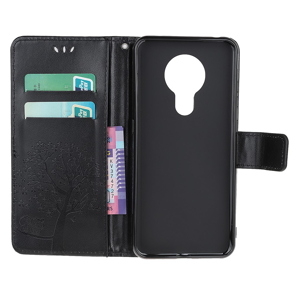 Imprint Tree Owl Pattern Leather Phone Wallet Case Stand for Nokia 1.4 - Black-5